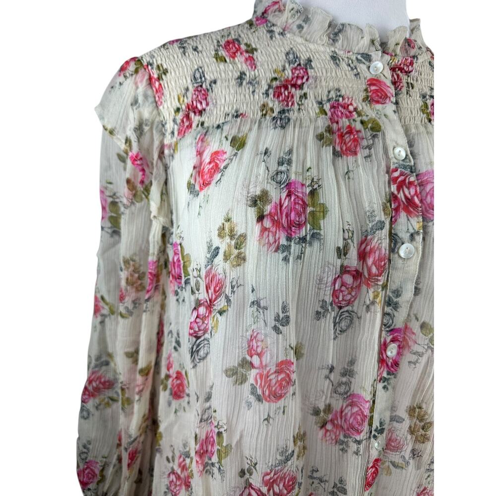 Sundance Amelia Floral Sheer Smocked Blouse Prairie Cottage Button Top Large - Picture 4 of 16